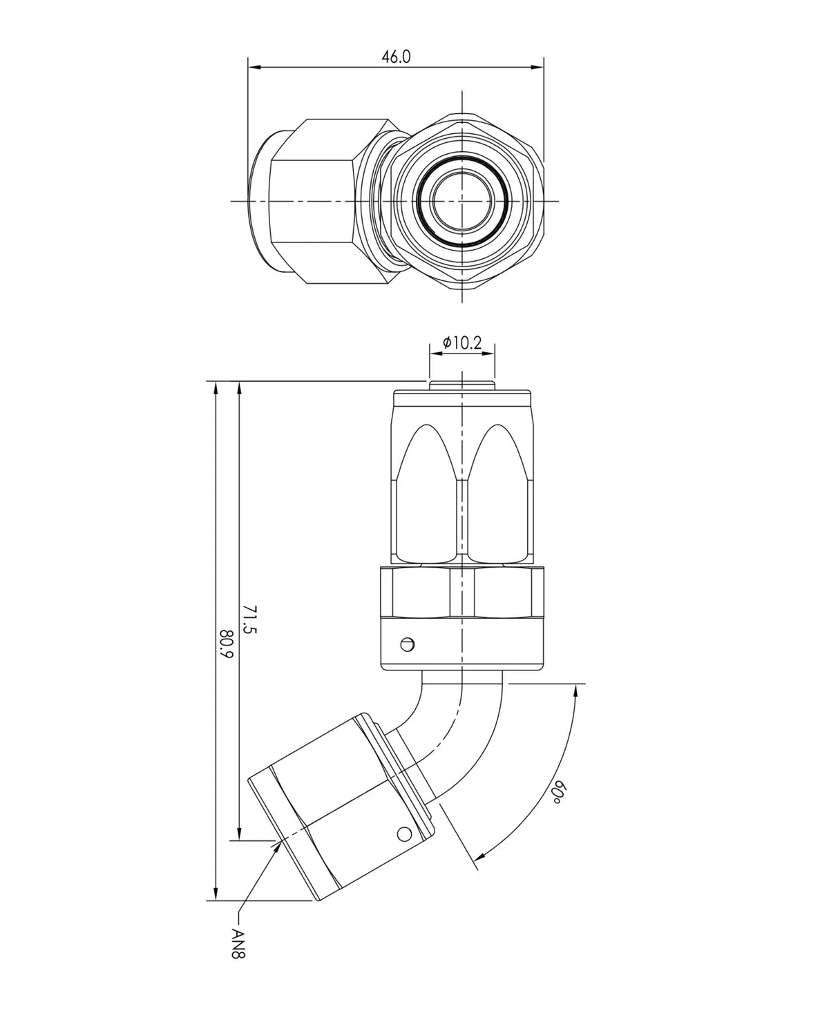 Extremo de manguera PTFE AN8 60°