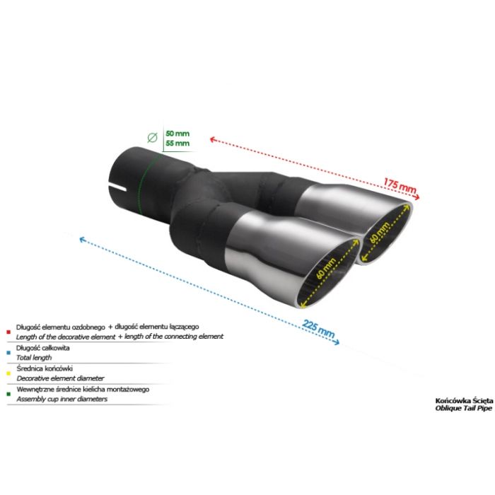 Universal round exhaust pipe tip 60mm length, 170mm mounting diameter, 50mm.