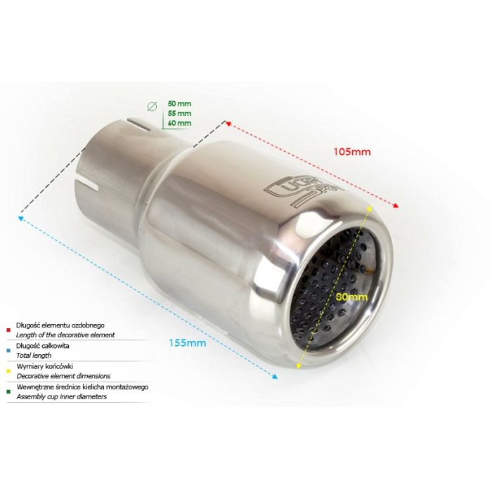Universal round exhaust tip, 80 mm length, 110 mm diameter, 50 mm mounting.