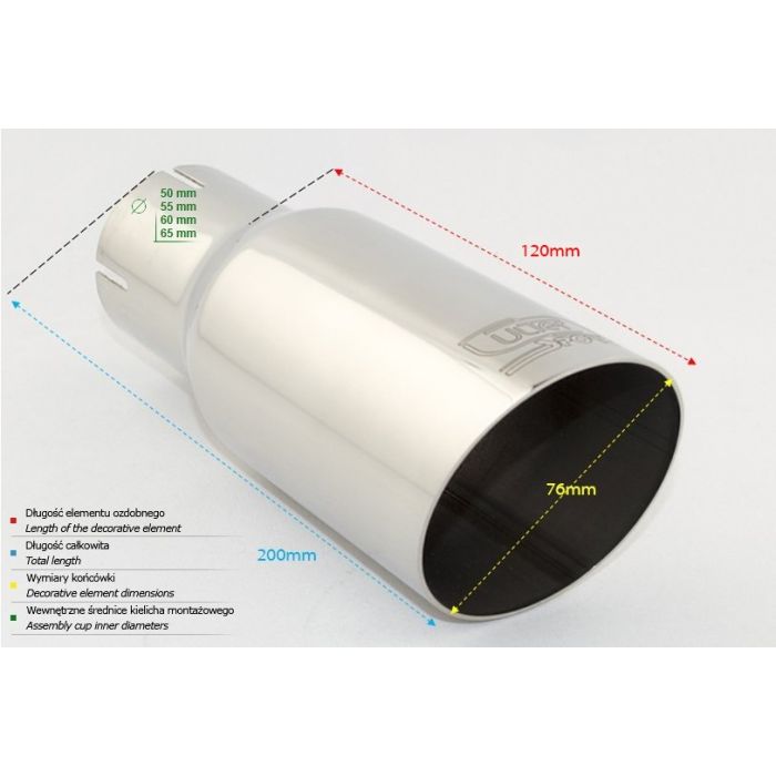 Universal Round Exhaust Pipe Tip, 76mm Length, 120mm Diameter, 65mm Mounting.