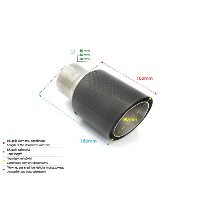 Universal round exhaust tailpipe tip 90mm long 105mm outlet 50mm inlet.