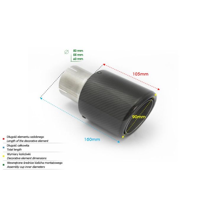 Universal Round Exhaust Tip 90mm Long 160mm Diameter 60mm Mounting.