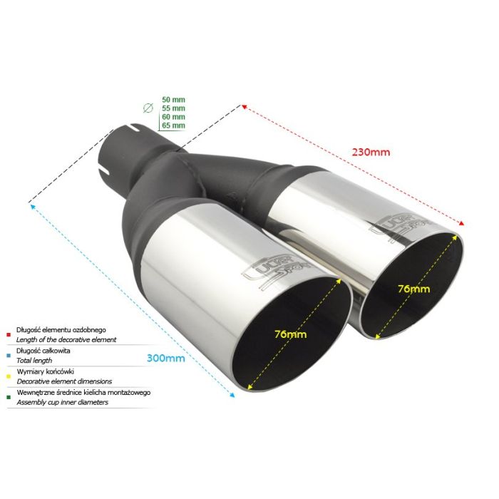 Universal 76mm round exhaust pipe tip, 230mm length, 50mm mounting diameter.