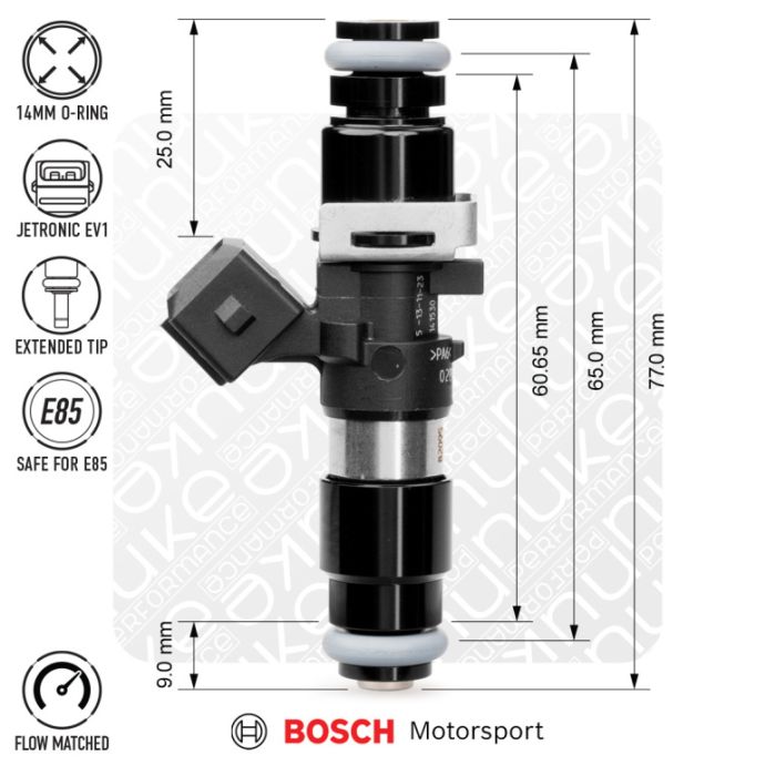 Inyector Bosch Nuke Performance 980cc 65mm EV14L, 4 unidades, flujo calibrado.