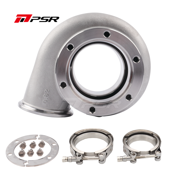 Carcasa de turbo Pulsar PSR de inserción con rodamiento de bolas de precisión PTE, entrada y salida con banda en V, 0,82 A/R, acero inoxidable para 6266 / 6466 / 6766