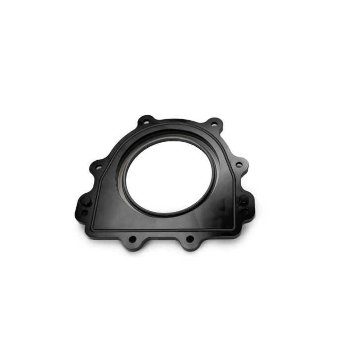 RTMG Performance CNC-machined aluminum crankshaft oil seal housing for 1.8 and 2.0 TSI EA888 engines, black.