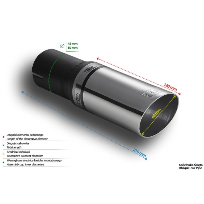 60mm long, 140mm diameter, 45mm mounting round universal exhaust tip.