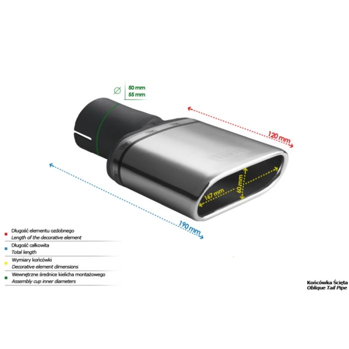 Universal oval exhaust pipe tip, 167 x 60 mm long with 120 mm mounting diameter.