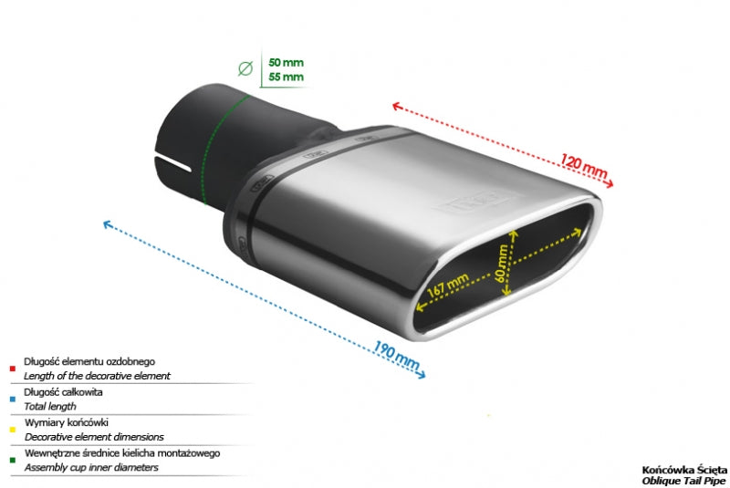 Embellecedor de escape universal ovalado 167×60 mm longitud 120 mm diámetro de montaje 50 mm