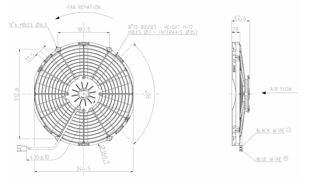 Ventilador de radiador axial impelente SPAL 12V VA13-AP51/C-35S 330 mm