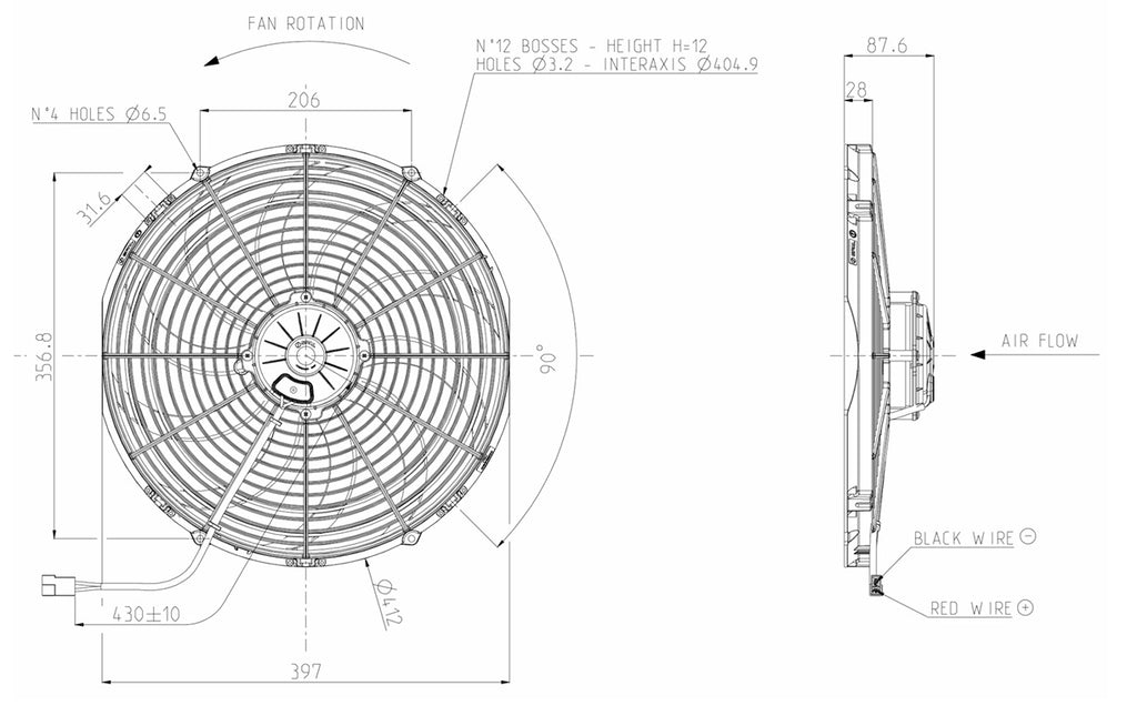 Ventilador axial de radiador impulsor SPAL 12V VA18-AP71/LL-42S BT KS 385 MM