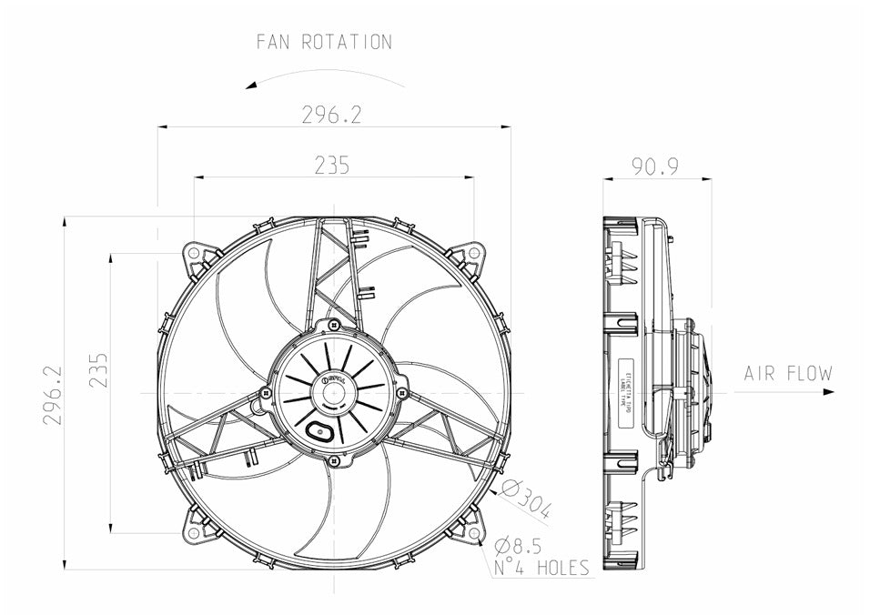 Ventilador de radiador axial aspirante SPAL 12V VA26-AP70/LL-44A 280 mm