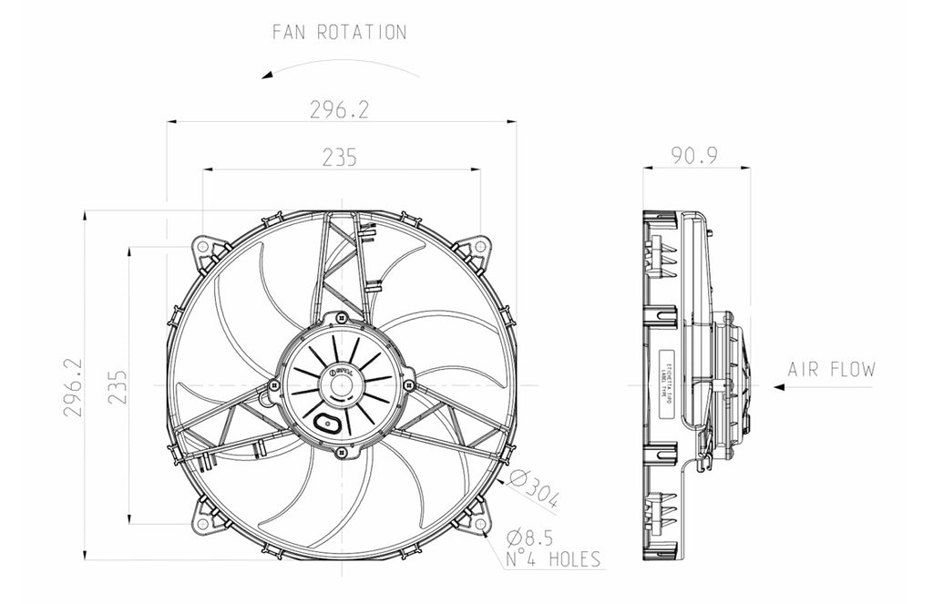 Ventilador de radiador axial impelente SPAL 12V VA26-AP70/LL-60S 280 mm