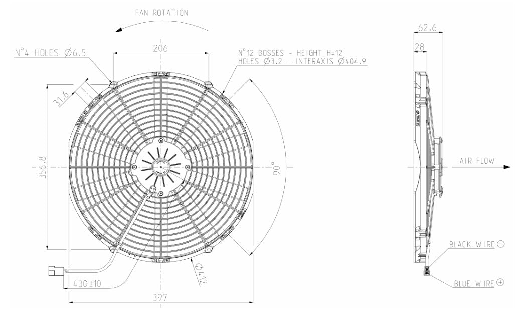 Ventilador axial de radiador aspirante SPAL 12V VA18-AP51/C-41A 385 MM