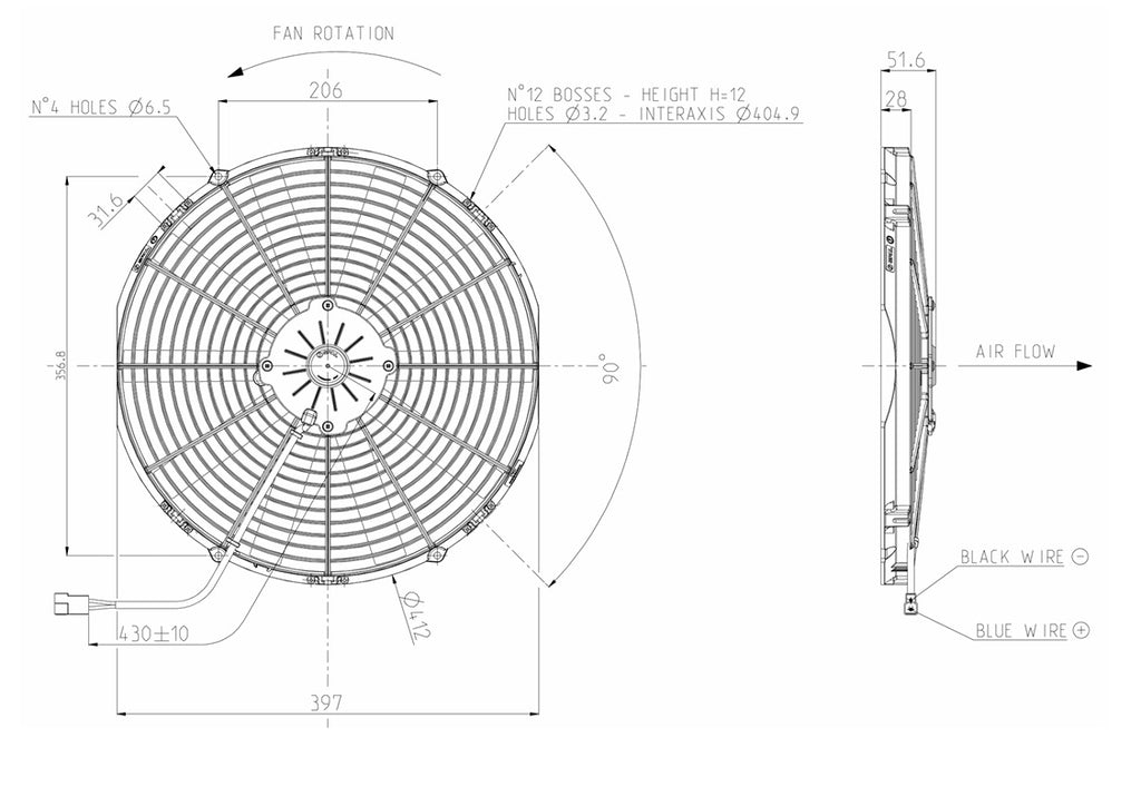 Ventilador de radiador axial aspirante SPAL 12V VA18-AP10/C-41A 385 mm