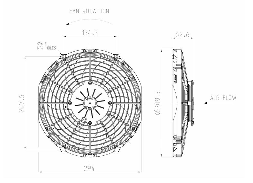 Ventilador de radiador axial impelente SPAL 12V VA09-AP50/C-54S 280 mm