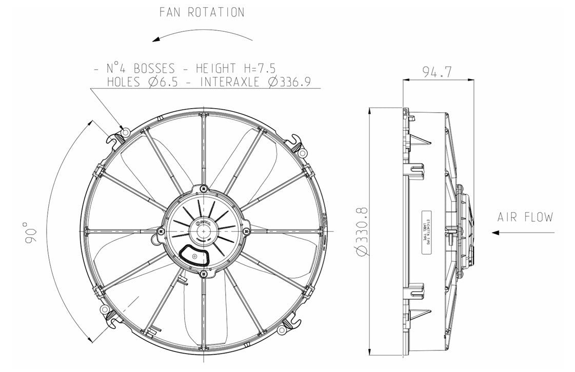 Ventilador de radiador axial impelente SPAL 12V VA01-AP70/LL-36S 305 mm