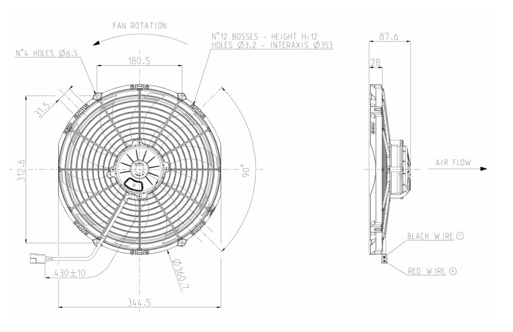 Ventilador de radiador axial aspirante SPAL 12V VA13-AP70/LL-63A 360 mm