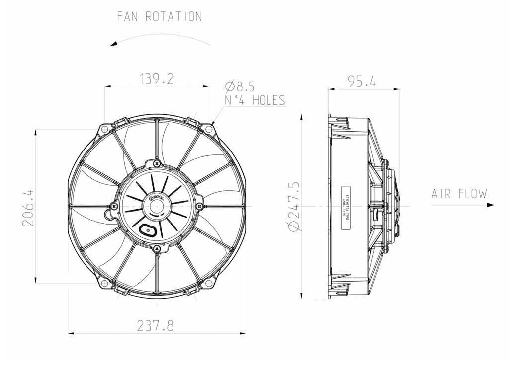 Ventilador de radiador axial aspirante SPAL 12V VA02-AP70/LL-52A 225 mm