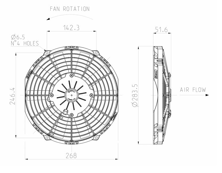 Ventilador de radiador axial aspirante SPAL 12V VA11-AP8/C-29A 255 mm