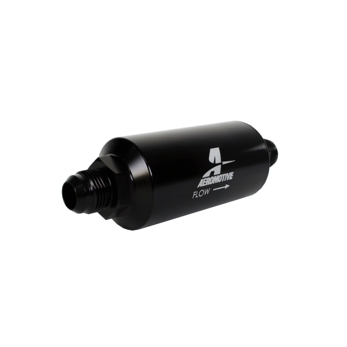 Aeromotive 12387 Black 10-Micron Fuel Filter with Male AN-10 Ports and Cellulose Element.