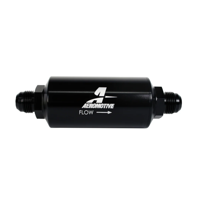 Filtro de combustible negro Aeromotive 12387 de 10 micras con puertos AN-10 macho y elemento de celulosa.