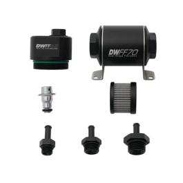 Regulador de filtro de combustible DWFFR-X de 70 mm mecanizado en aluminio, 10 micras, con conexiones de 5/16 pulgadas, DeatschWerks