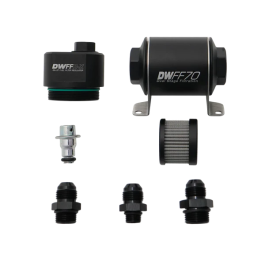 Regulador de filtro de combustible DWFFR-X de 70 mm mecanizado en aluminio, 10 micras, con conexiones 8AN, DeatschWerks