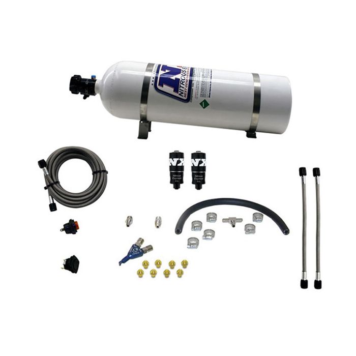 Piranha single-nozzle electronic fuel injection (EFI) system for 35, 50, and 75 HP engines with 15 lb Nitrous Express NX 20001-15 nitrous oxide bottle.