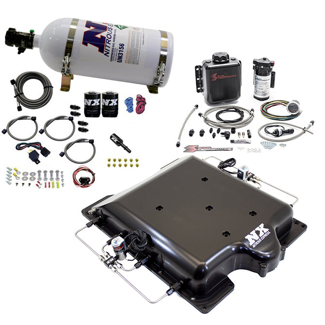 Tapa de compresor billet con nitro integrado y agua/metanol con botella de 10 Lb para Dodge Hellcat / Demon Nitrous Express NX 20972BMF-10
