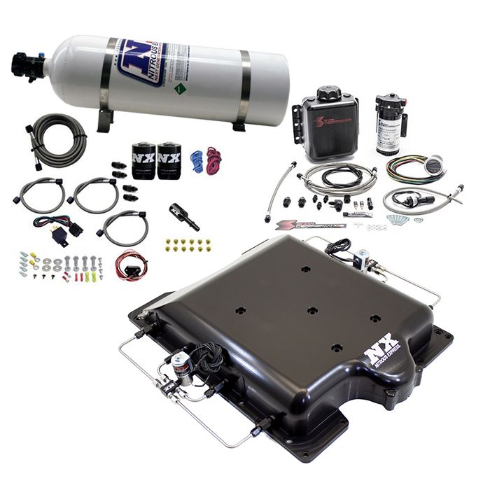Tapa de sobrealimentador de aluminio mecanizado con sistema integrado de óxido nitroso y agua/metanol con botella de 6,8 kg para Dodge Hellcat / Demon Nitrous Express NX 20972BMF-15