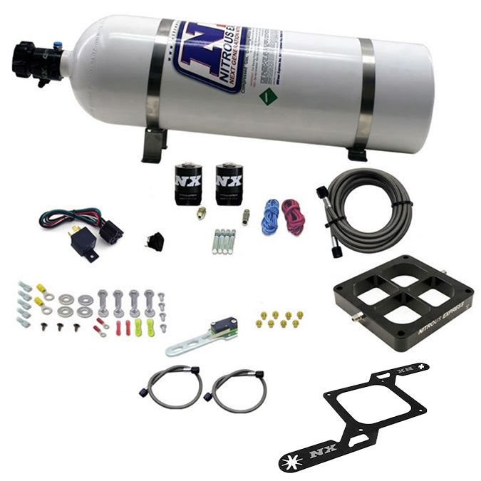 Sistema de placa Crossbar Billet 4500 de una etapa 100-500 CV con botella de 15 Lb Nitrous Express NX 63570-15