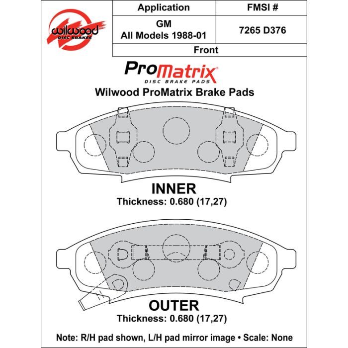 Wilwood 150-D0376K PM ProMatrix D376 Street Performance Racing Brake Pads .68
