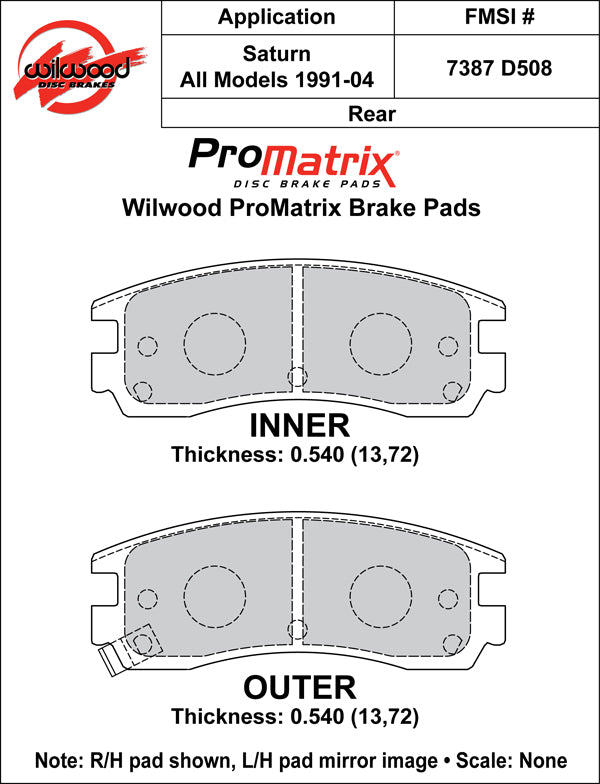 Pastillas de freno Wilwood 150-D0508K PM ProMatrix D508 Street Performance Racing 0,54