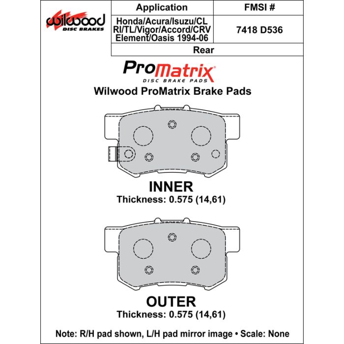 Wilwood 150-D0536K PM ProMatrix D536 Street Performance Racing Pads .575 Brake Pads