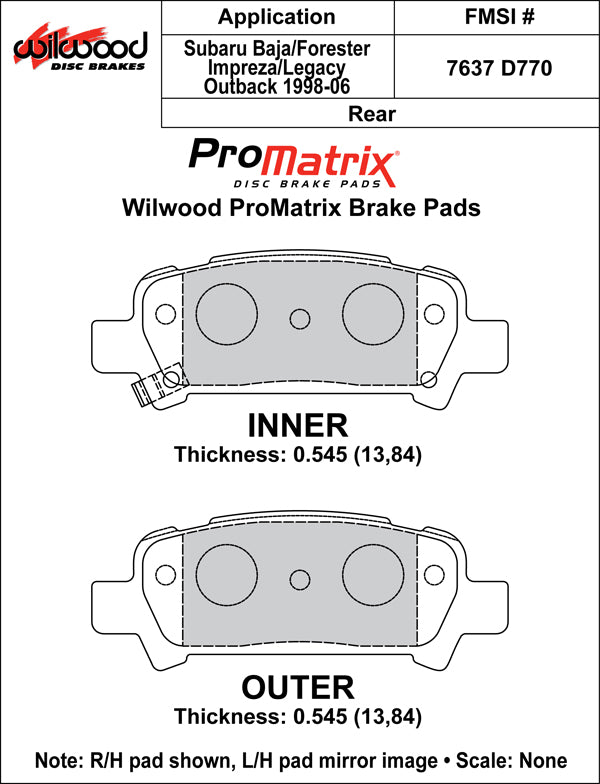Pastillas de freno Wilwood 150-D0770K PM ProMatrix D770 Street Performance Racing Pads 0,545