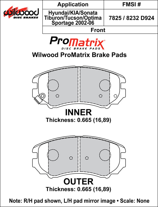 Pastillas de freno Wilwood 150-D0924K PM ProMatrix D924 Street Performance Racing Pads 0,665