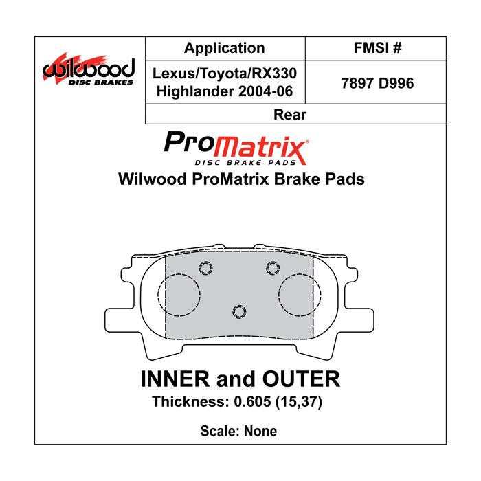 Wilwood 150-D0996K PM ProMatrix D996 High Performance Street Compound Brake Pads .605