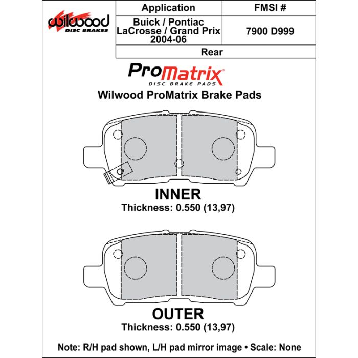 Wilwood 150-D0999K PM ProMatrix D999 Street Performance Racing Brake Pads .55