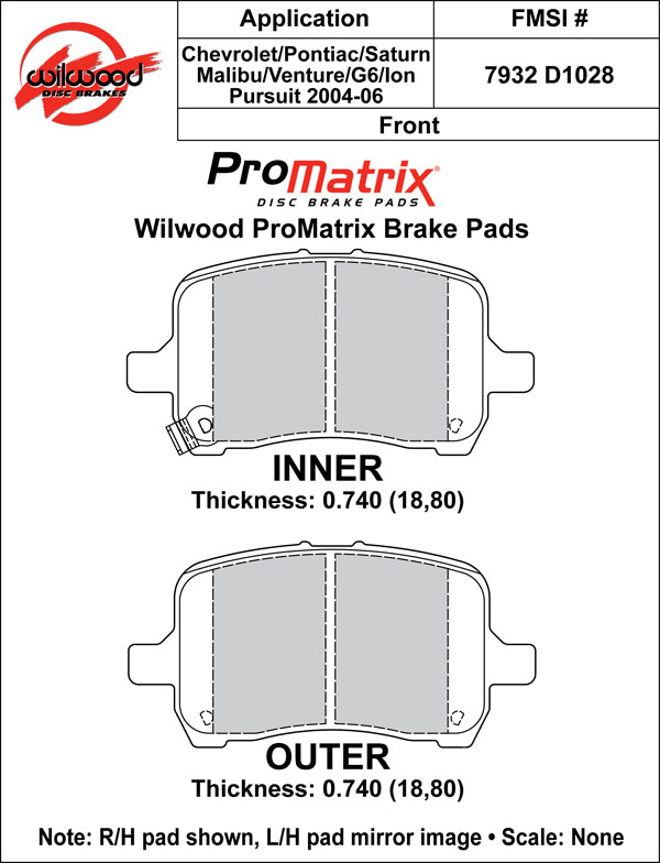 Pastillas de freno Wilwood 150-D1028K PM ProMatrix D1028 Street Performance Racing Pads .74