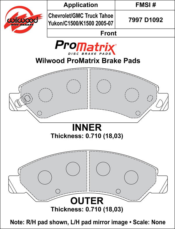 Pastillas de freno Wilwood 150-D1092KPM ProMatrix D1092 Street Performance Racing Pads .71