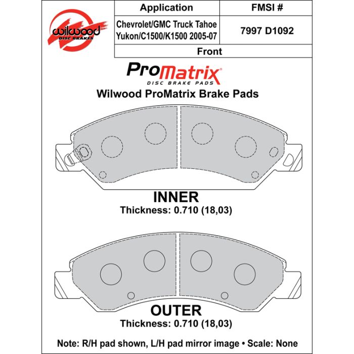 Wilwood 150-D1092KPM ProMatrix D1092 Street Performance Racing Brake Pads .71