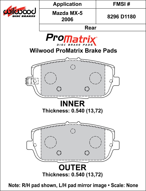 Pastillas de freno Wilwood 150-D1180K PM ProMatrix D1180 Street Performance Racing Pads .54