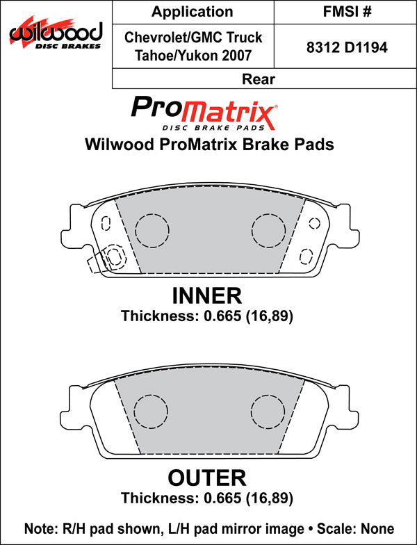 Pastillas de freno Wilwood 150-D1194K PM ProMatrix D1194 Street Performance Racing Pads .665