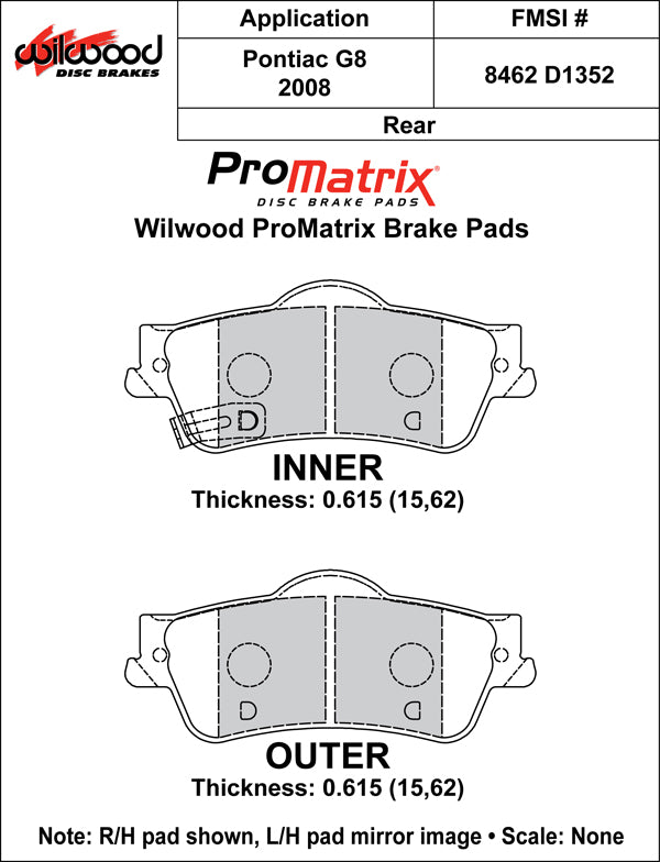 Pastillas de freno Wilwood 150-D1352K PM ProMatrix D1352 Street Performance Racing 0,615