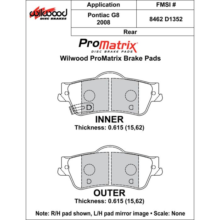 Wilwood 150-D1352K PM ProMatrix D1352 Street Performance Racing Brake Pads .615