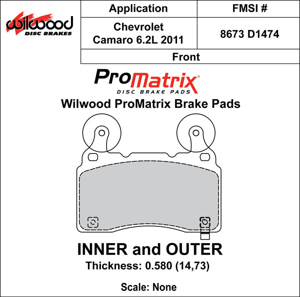 Pastillas de freno Wilwood 150-D1474K PM ProMatrix D1474 Street Performance Racing Pads 0,58
