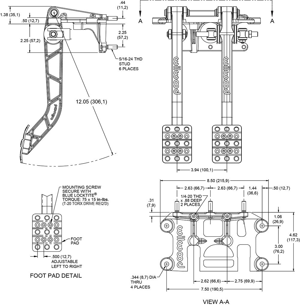 Wilwood 340-11295 Pedalera oscilante de freno y embrague