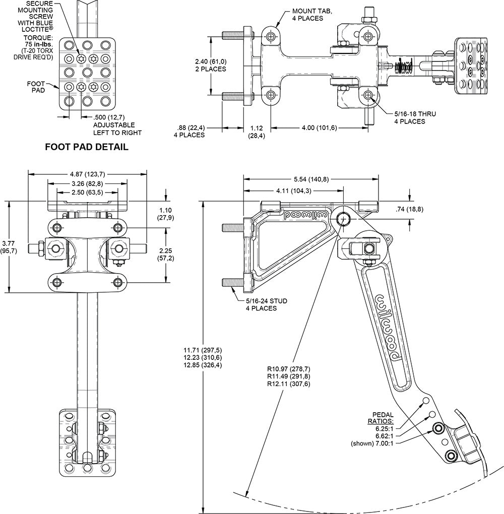 Wilwood 340-16379 Pedal de freno y embrague de montaje oscilante 6,25-7:1 doble bomba