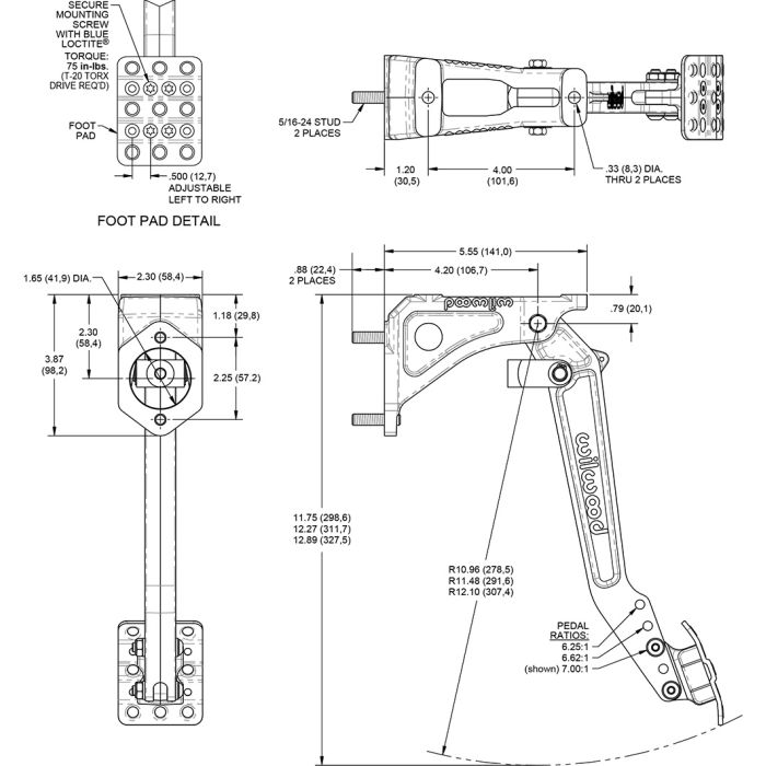 Pedal de embrague/freno Wilwood 340-16381 de montaje oscilante, relación 6.25-7:1, monocilíndrico.